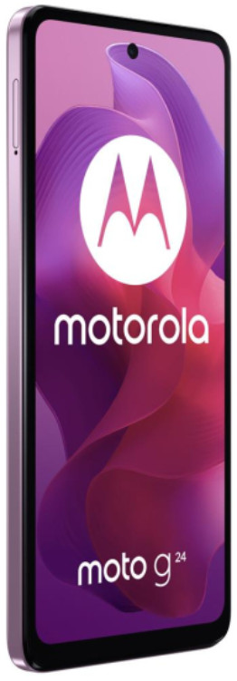 Telefon Motorola Moto g24 w kolorze lawendy, z logo marki i nazwą telefonu.