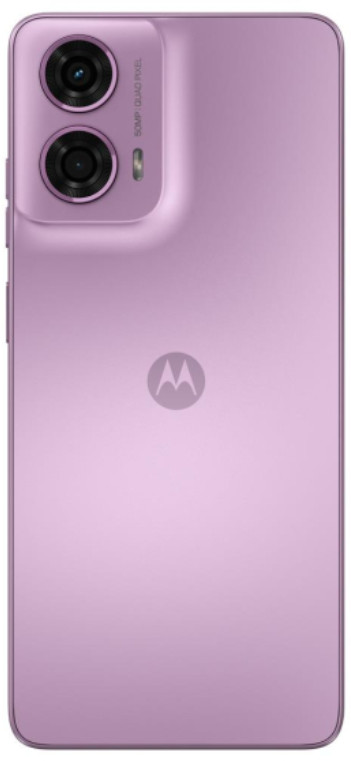 Fioletowy telefon Motorola, widok z tyłu, z obiektywami aparatu i logo Motorola.