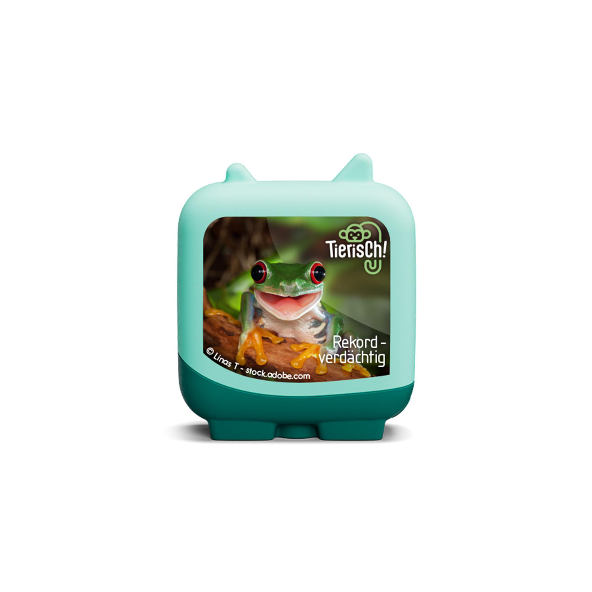 Eine grüne und tealfarbene Box mit einem Froschbild, Text auf Deutsch und dem Wort "TIENSCH!".