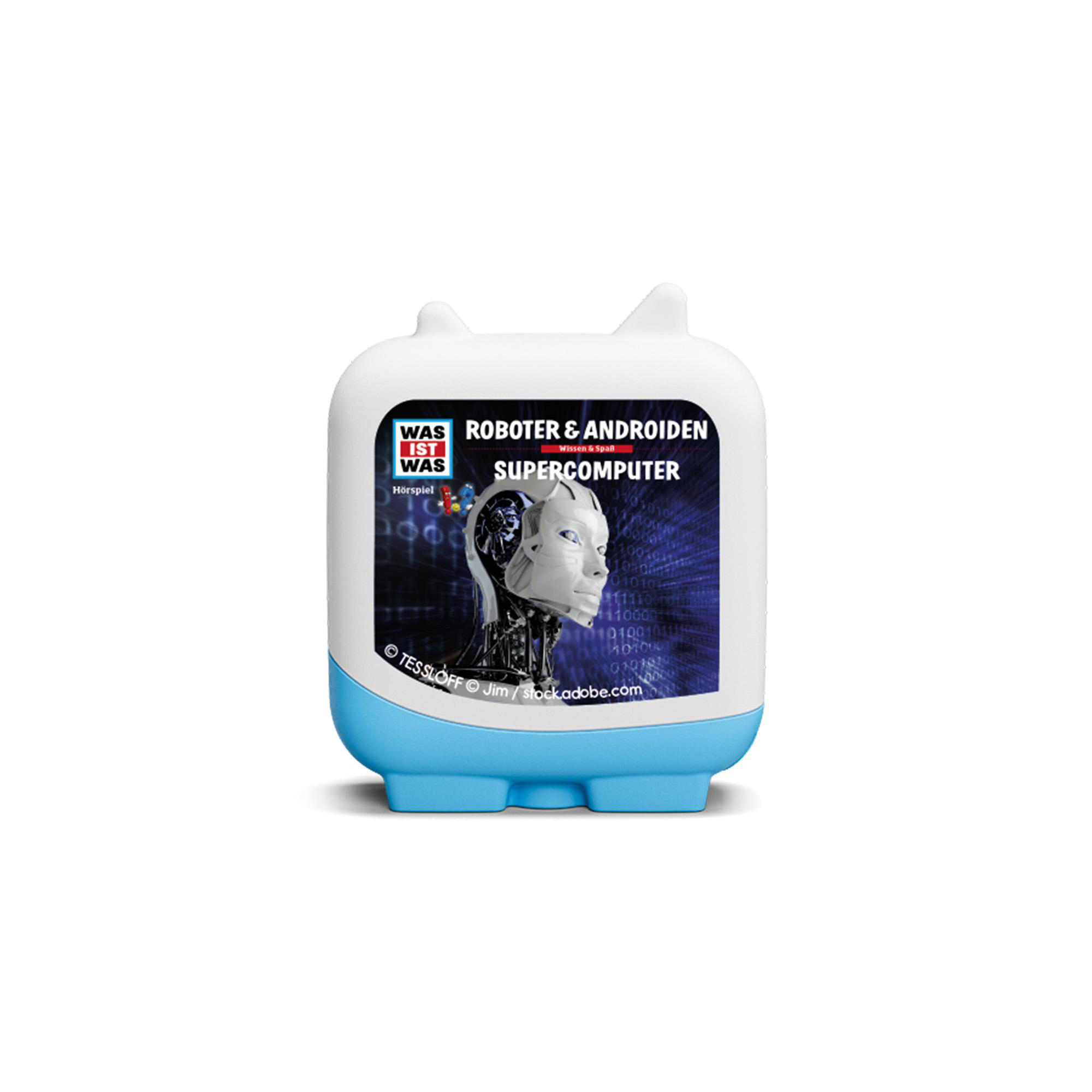 Ein weißes und blaues Spielzeug in Form eines Roboterkopfes, mit dem Text 'Roboter & Androiden'.