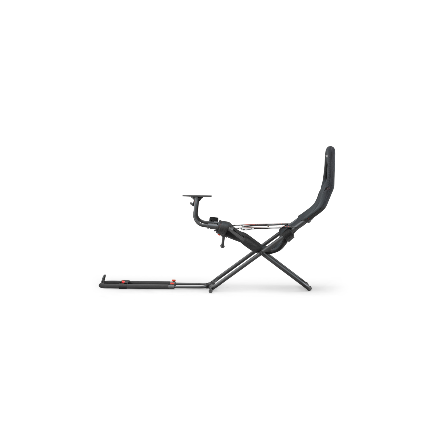 Gaming chair on a frame, a black seat with a desk attachment and foot rest.