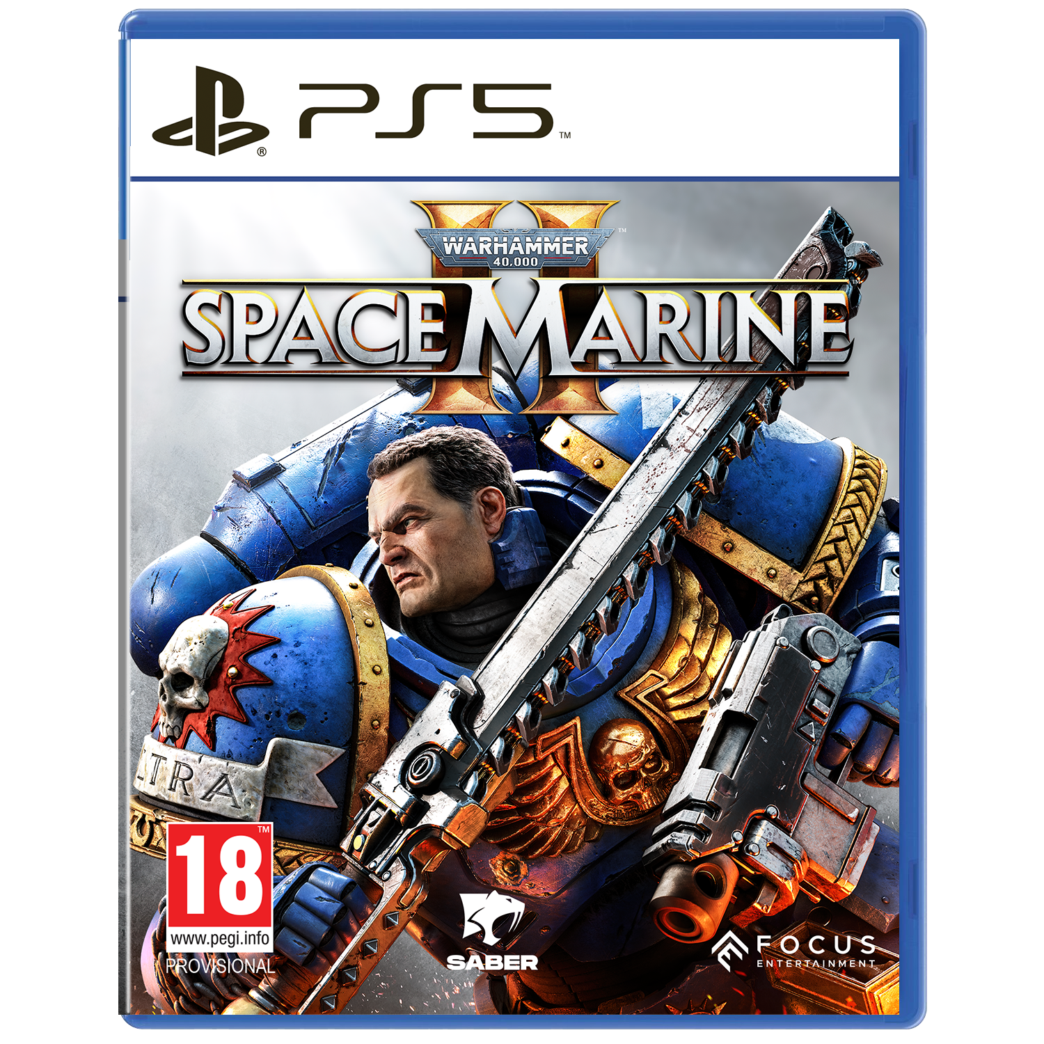 PS5 game cover: Space Marine 2. Een marine met een geweer vecht tegen een vijand met schedelgezicht.