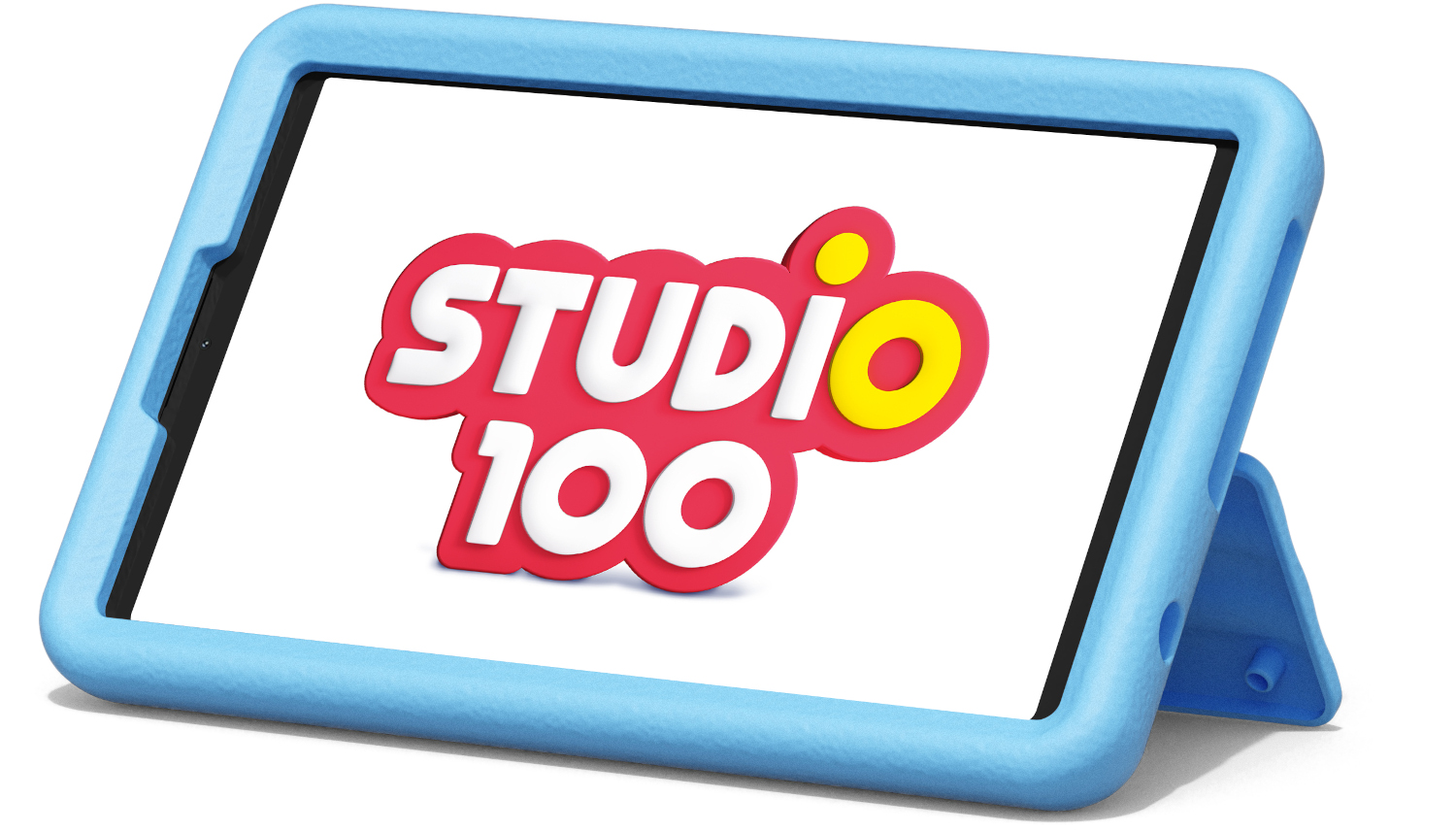Blauwe tablethoes met een tablet met een 'STUDIO 100'-logo.