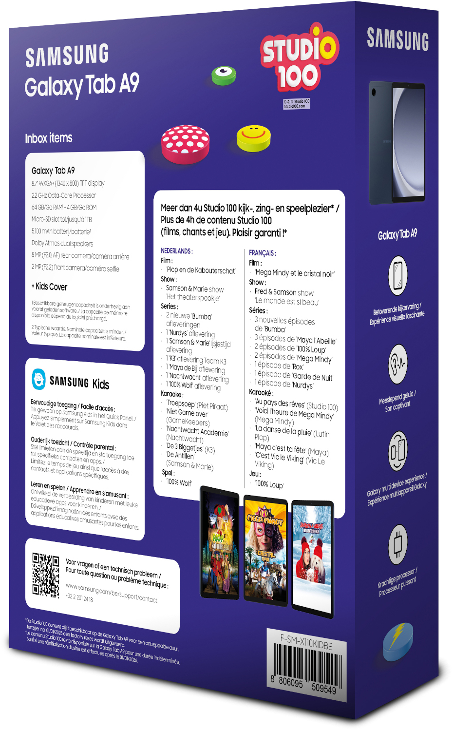 Boîte de Samsung Galaxy Tab A9, avec la marque Studio 100, image de tablette et texte en plusieurs langues.
