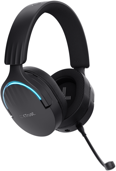 Fekete gamer headset kék fényekkel és mikrofonnal.
