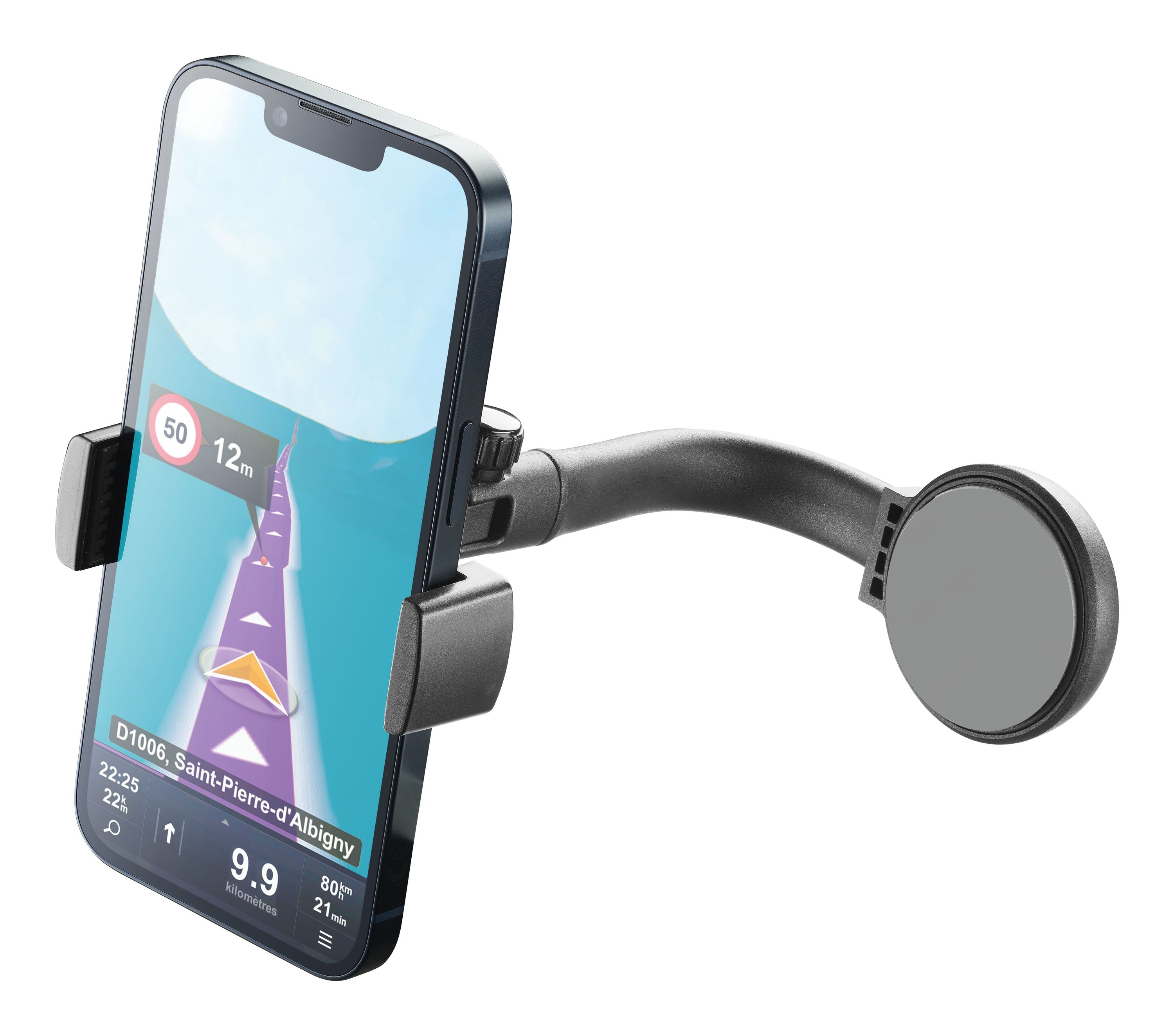Ein Telefon, das auf dem Armaturenbrett eines Autos montiert ist und eine Navigations-App anzeigt.