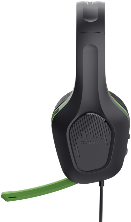 Fekete-zöld gamer headset. A bal oldalon mikrofon található.