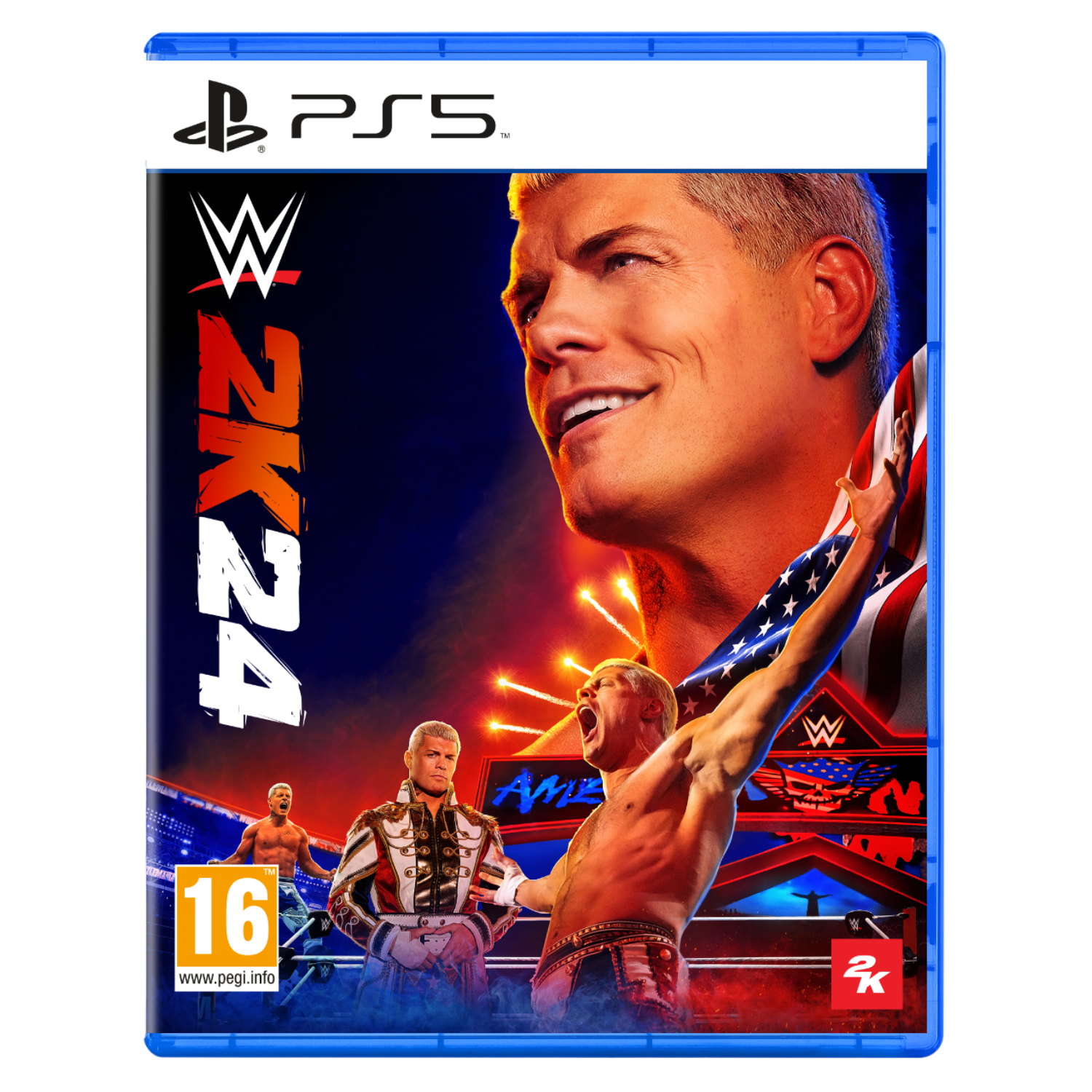 WWE 2K24 game cover, Cody Rhodes en worstelaars, blauwe achtergrond, PS5 logo.