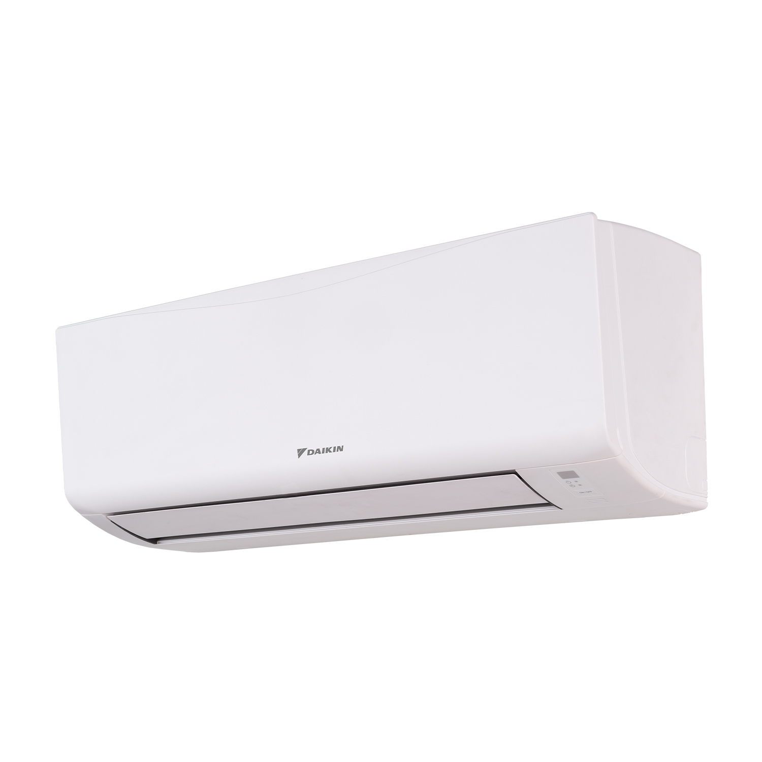 Condizionatore Daikin bianco, vista angolata, su bianco.