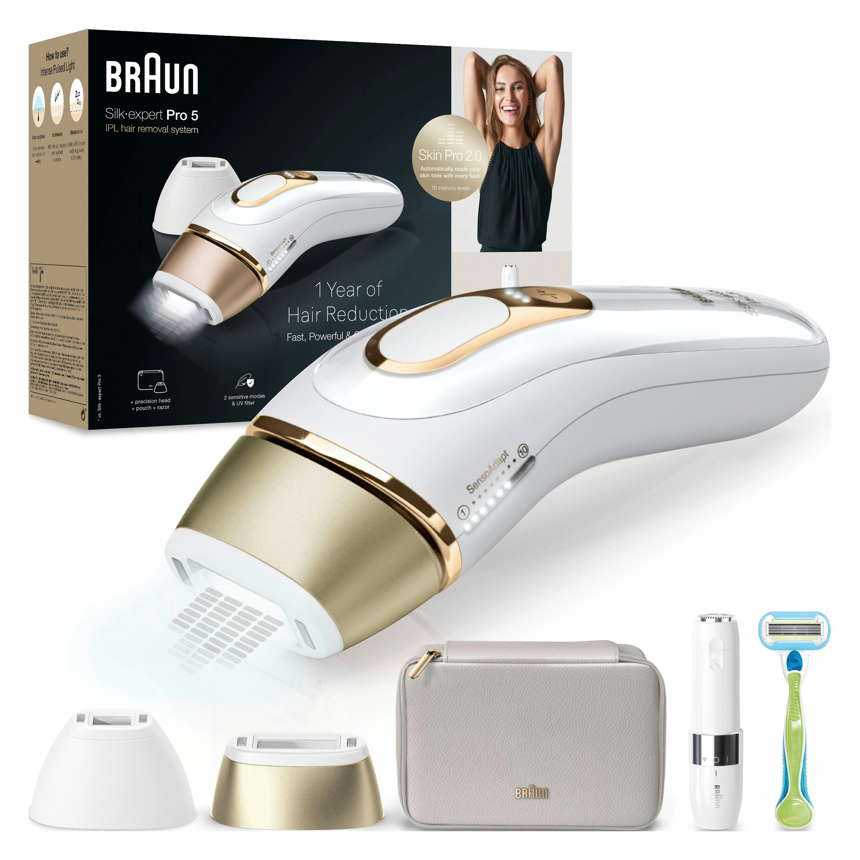 BRAUN PL5156 Silk-expert Pro 5 Gold, IPL-Haarentfernungsgerät (Weiß/Gold, mit 2 Aufsätzen + Venus Rasierer, Mini-Gesichts-Rasierer, Netzbetrieb)