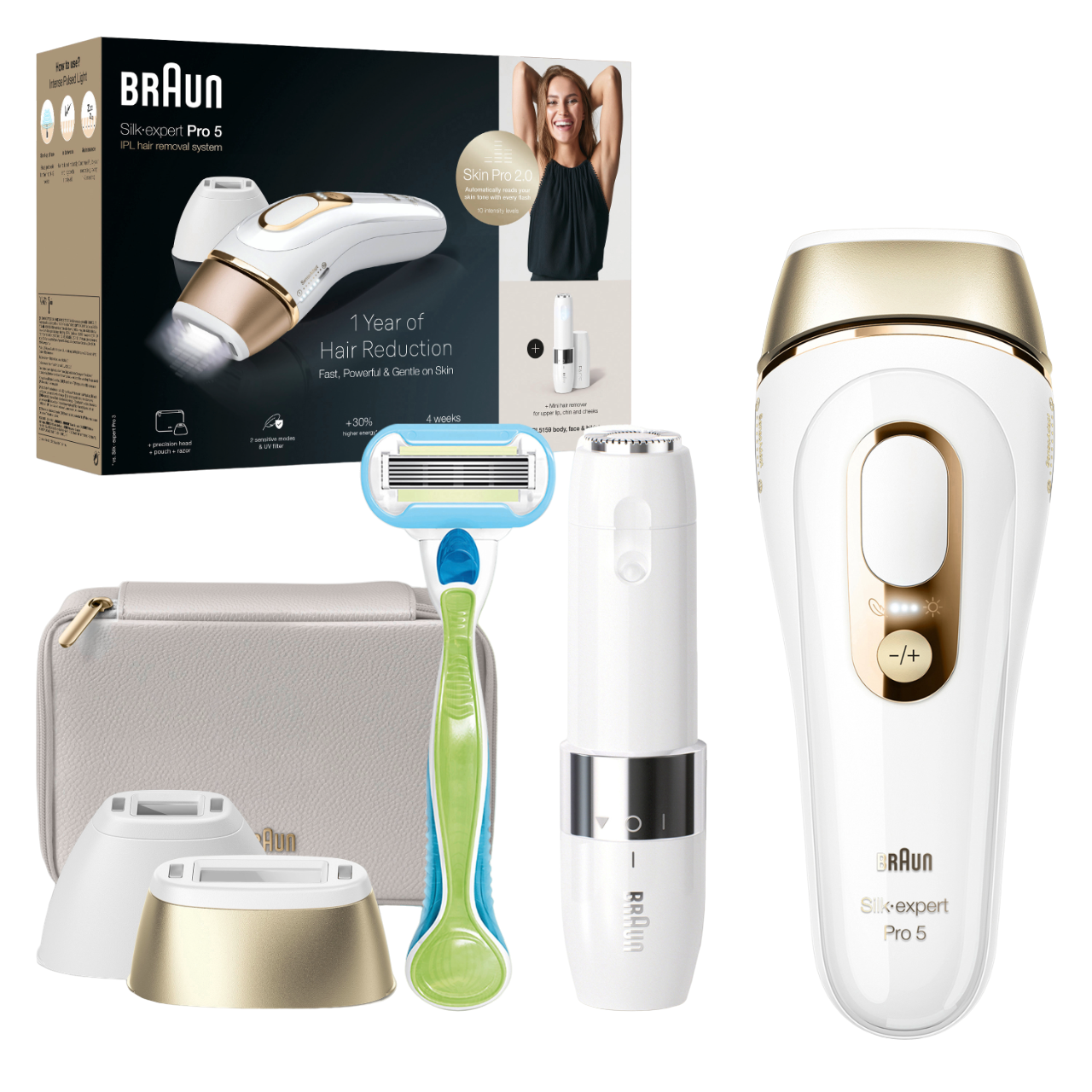 BRAUN PL5156 Silk-expert Pro 5 Gold, IPL-Haarentfernungsgerät (Weiß/Gold, mit 2 Aufsätzen + Venus Rasierer, Mini-Gesichts-Rasierer, Netzbetrieb)