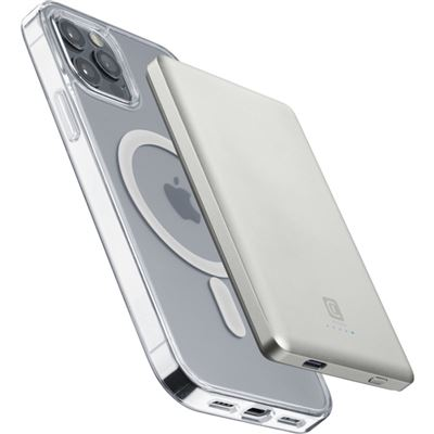 iPhone en funda transparente con un banco de energía plateado adjunto.