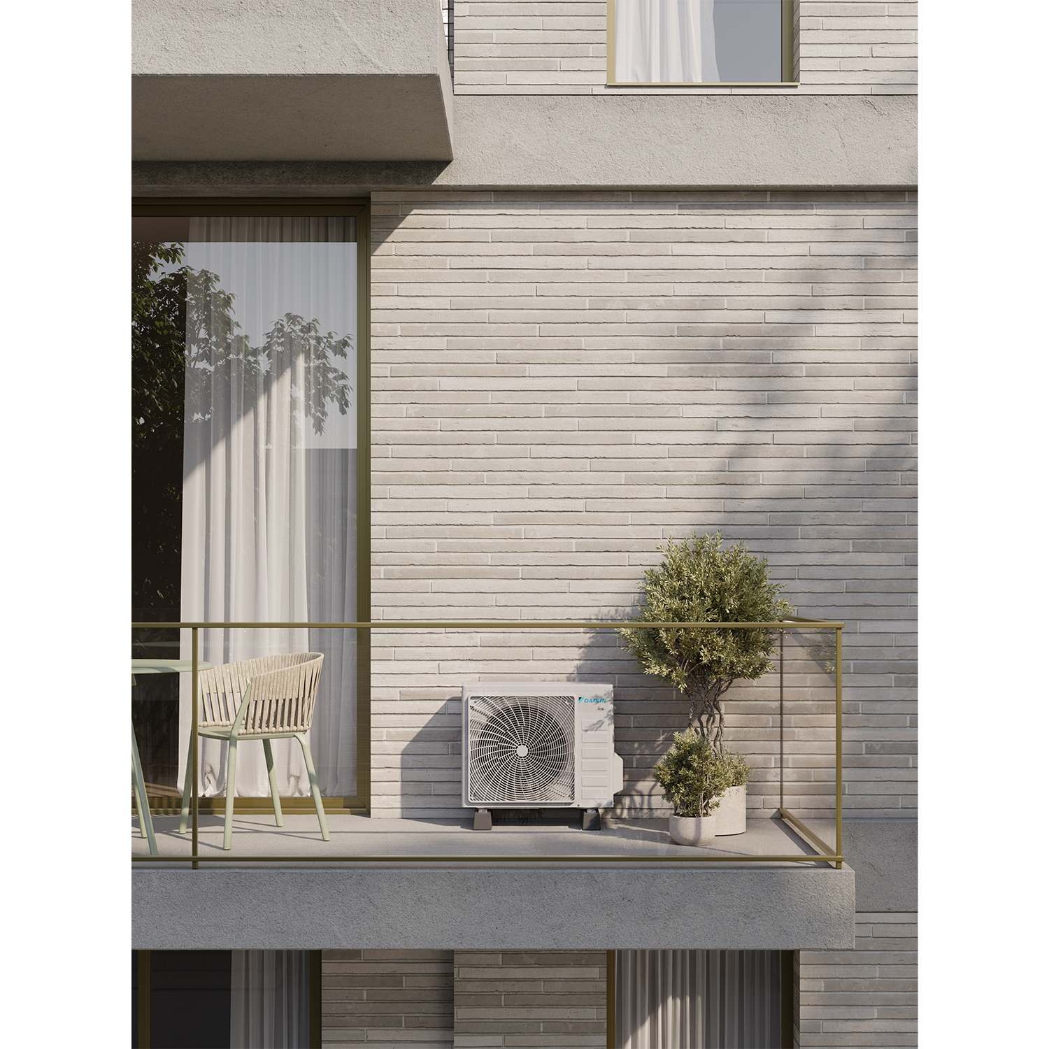 Balcone con condizionatore bianco, piccola pianta e sedia.