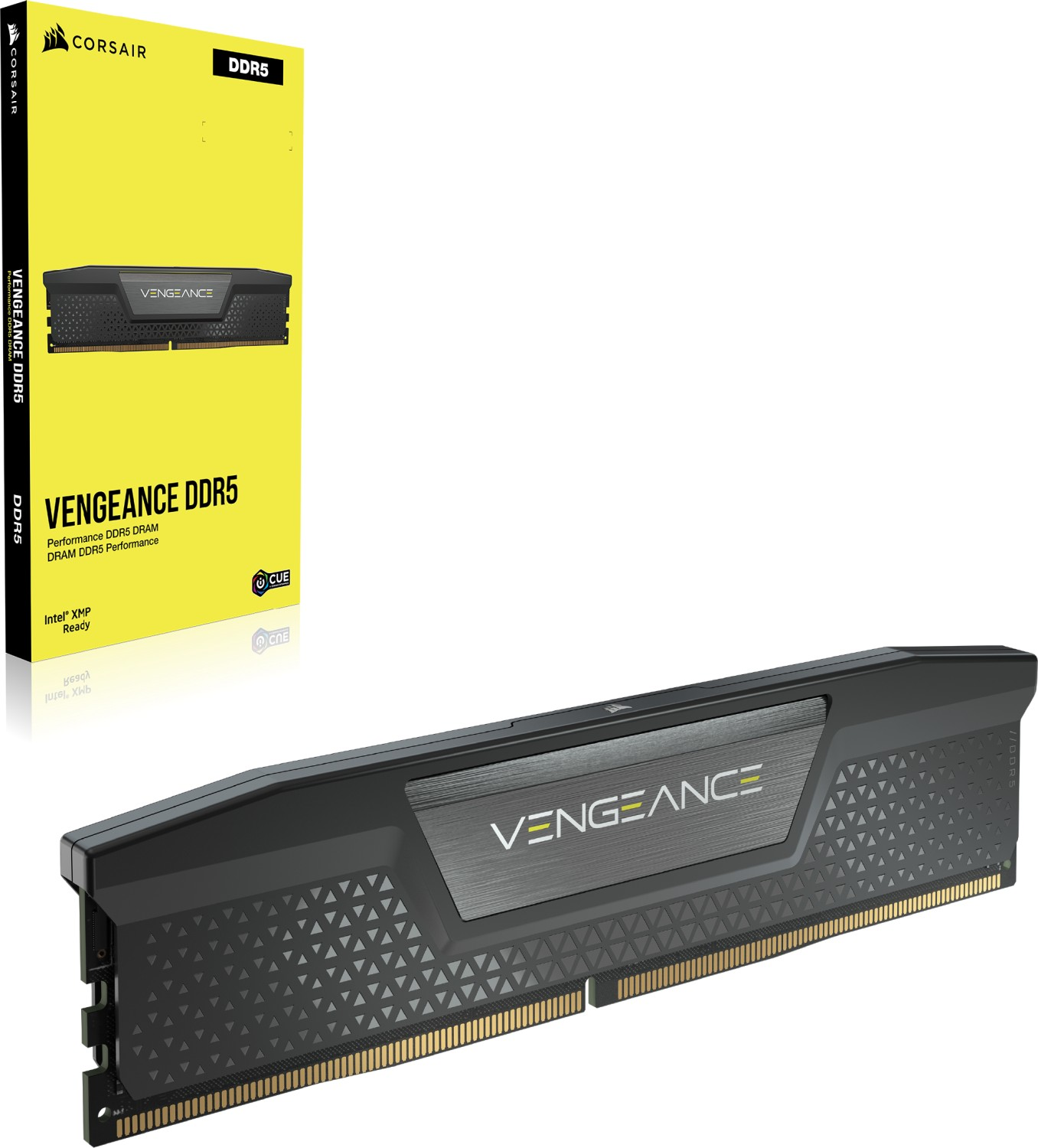 Schwarz-grauer DDR5-RAM-Riegel mit gelber Box. Marke ist Corsair Vengeance DDR5.