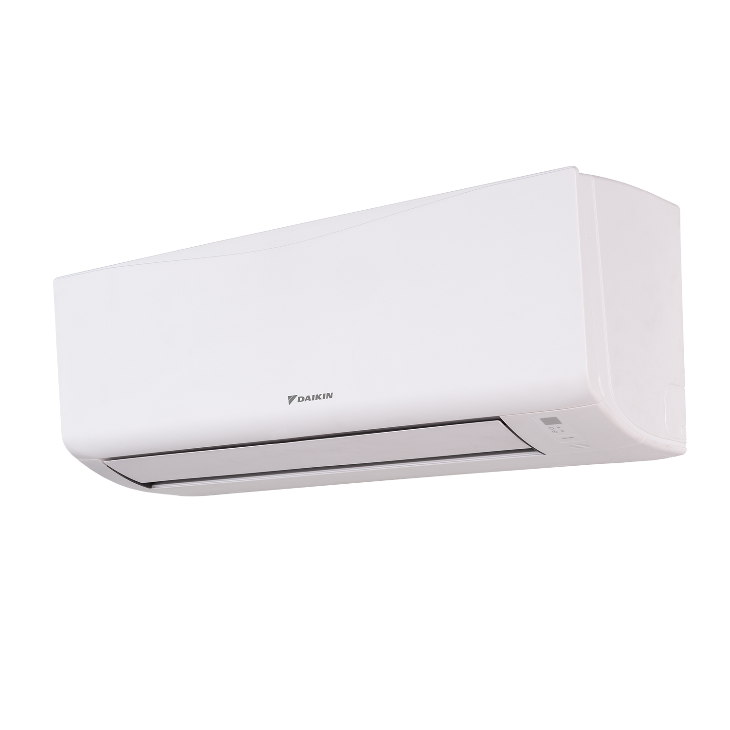 Un condizionatore Daikin bianco montato su uno sfondo bianco.