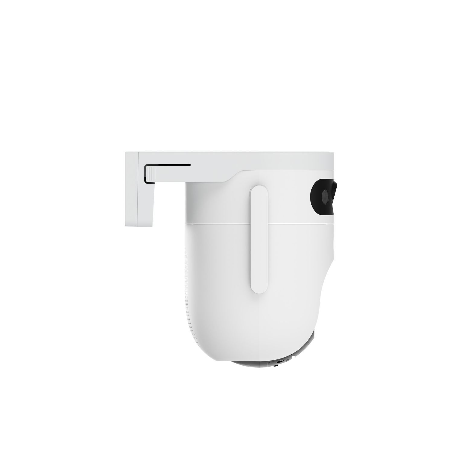 Caméra de sécurité blanche, vue latérale, sur fond blanc.
