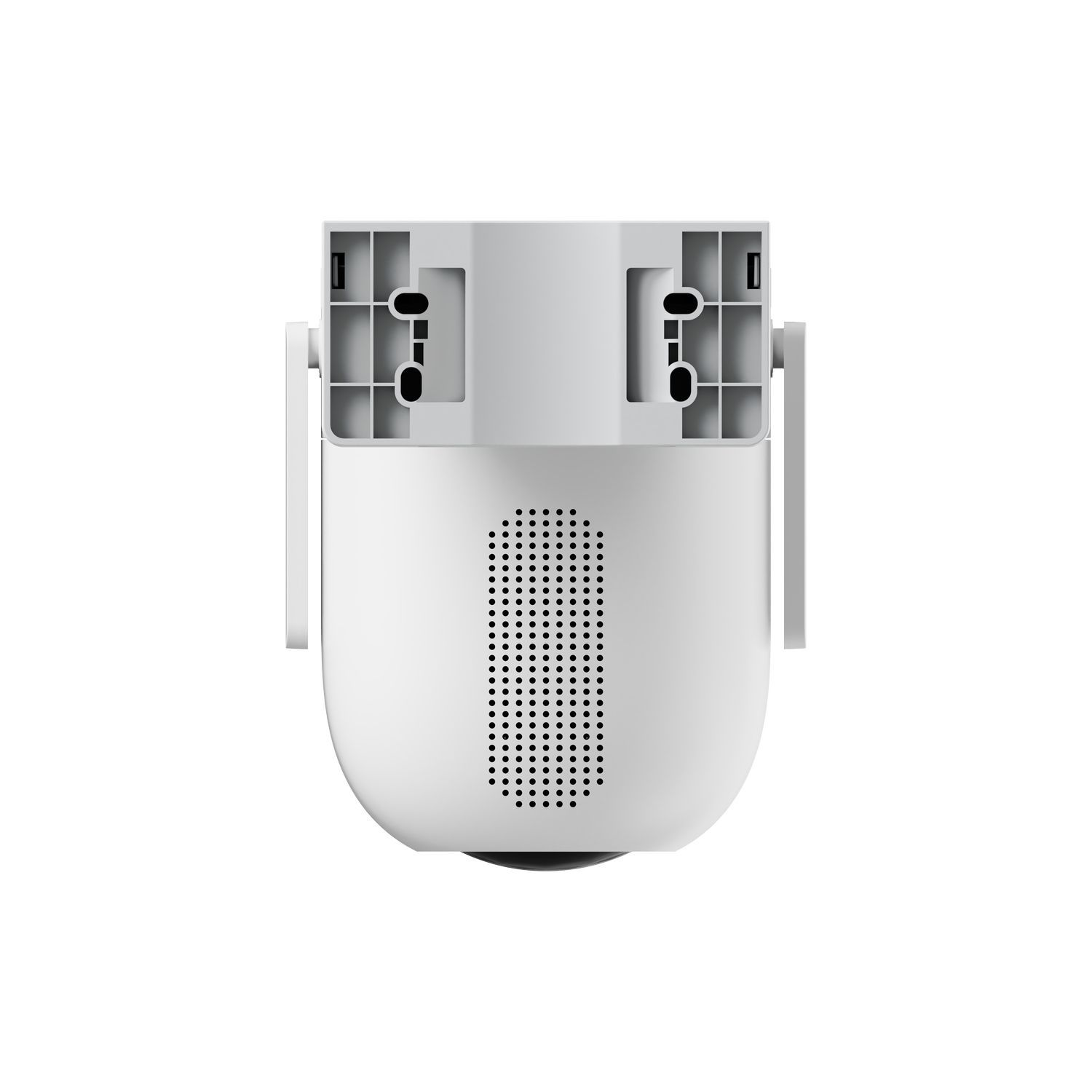 Caméra de sécurité blanche, vue de dessous. Elle a une grille de haut-parleur et un objectif. Il y a des supports en haut.