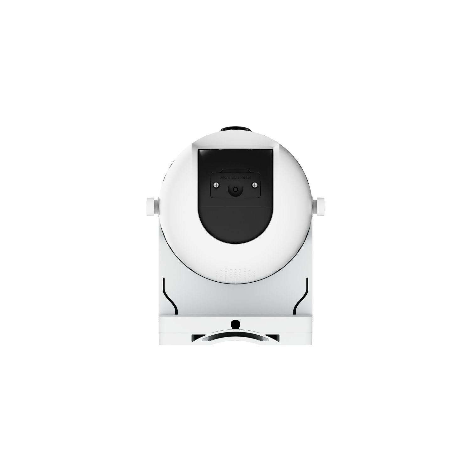 Vue de dessus ronde et blanche d'un distributeur de nourriture intelligent pour animaux de compagnie sur fond blanc.