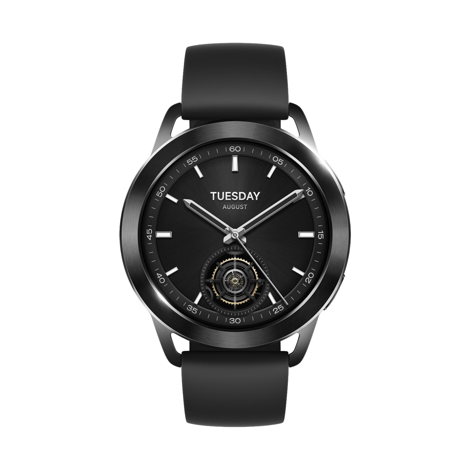 Een zwart horloge met zwarte wijzerplaat en band. De dag van de week is dinsdag.