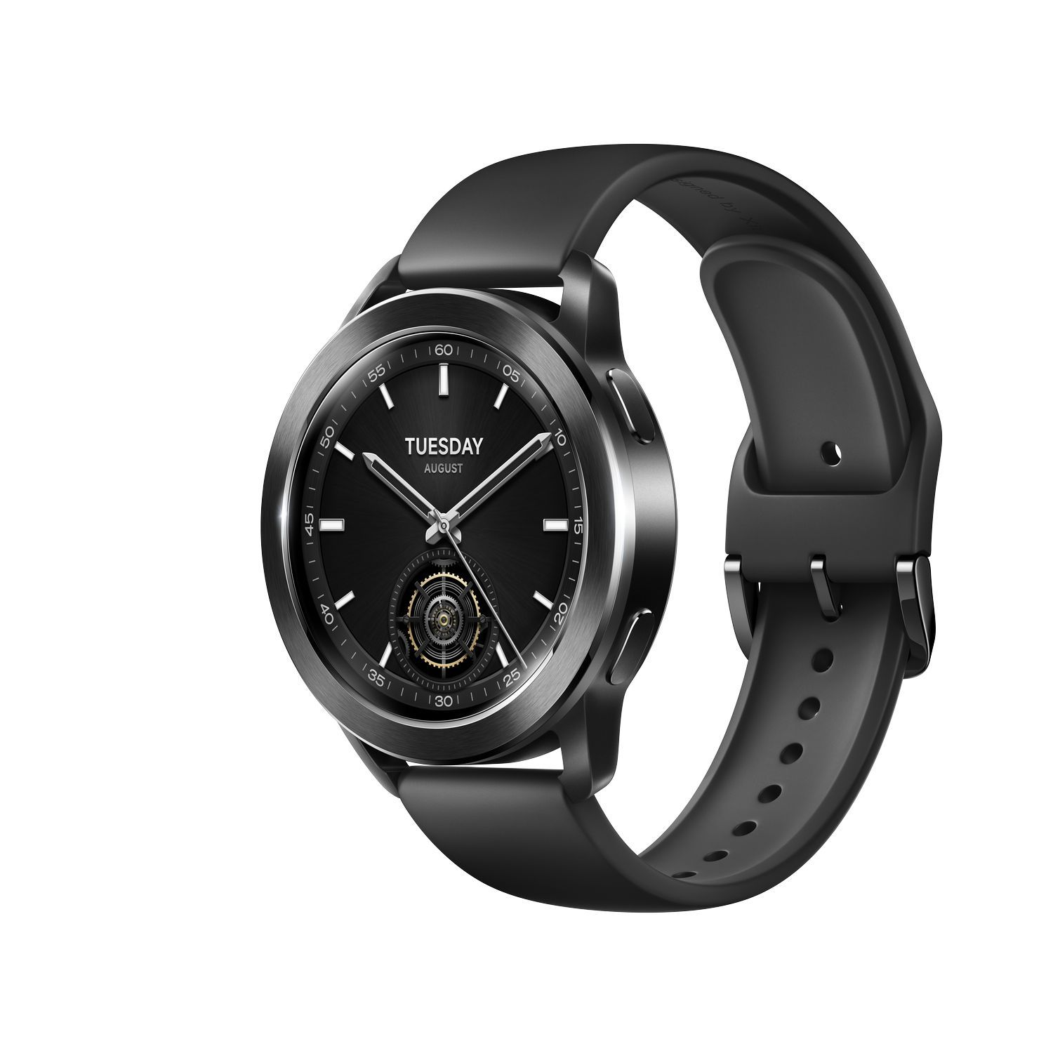 Zwarte smartwatch met zwarte band, toont de datum.