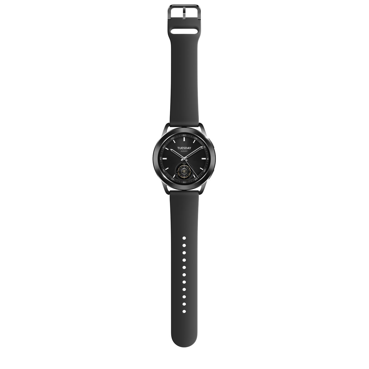 Zwarte smartwatch met een ronde wijzerplaat en een zwarte band, eenvoudig design.