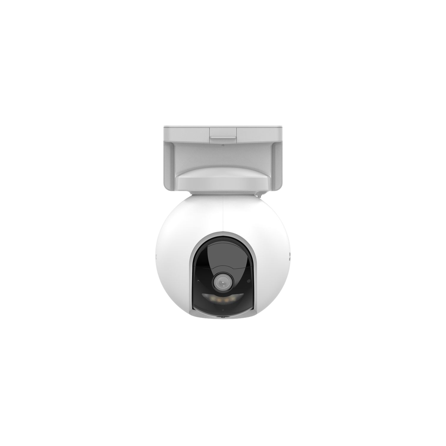 A white, spherical security camera with a black lens, mounted on a white bracket.