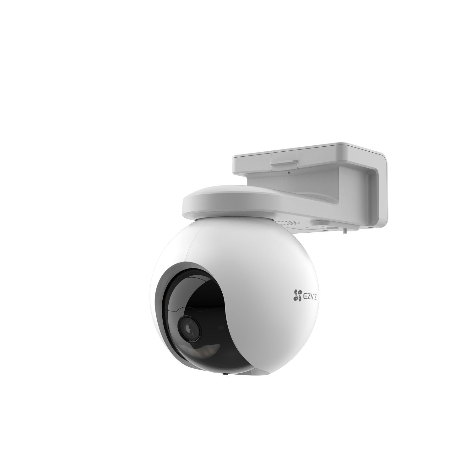 White security camera on a white wall mount. Lens is black, spherical shape.