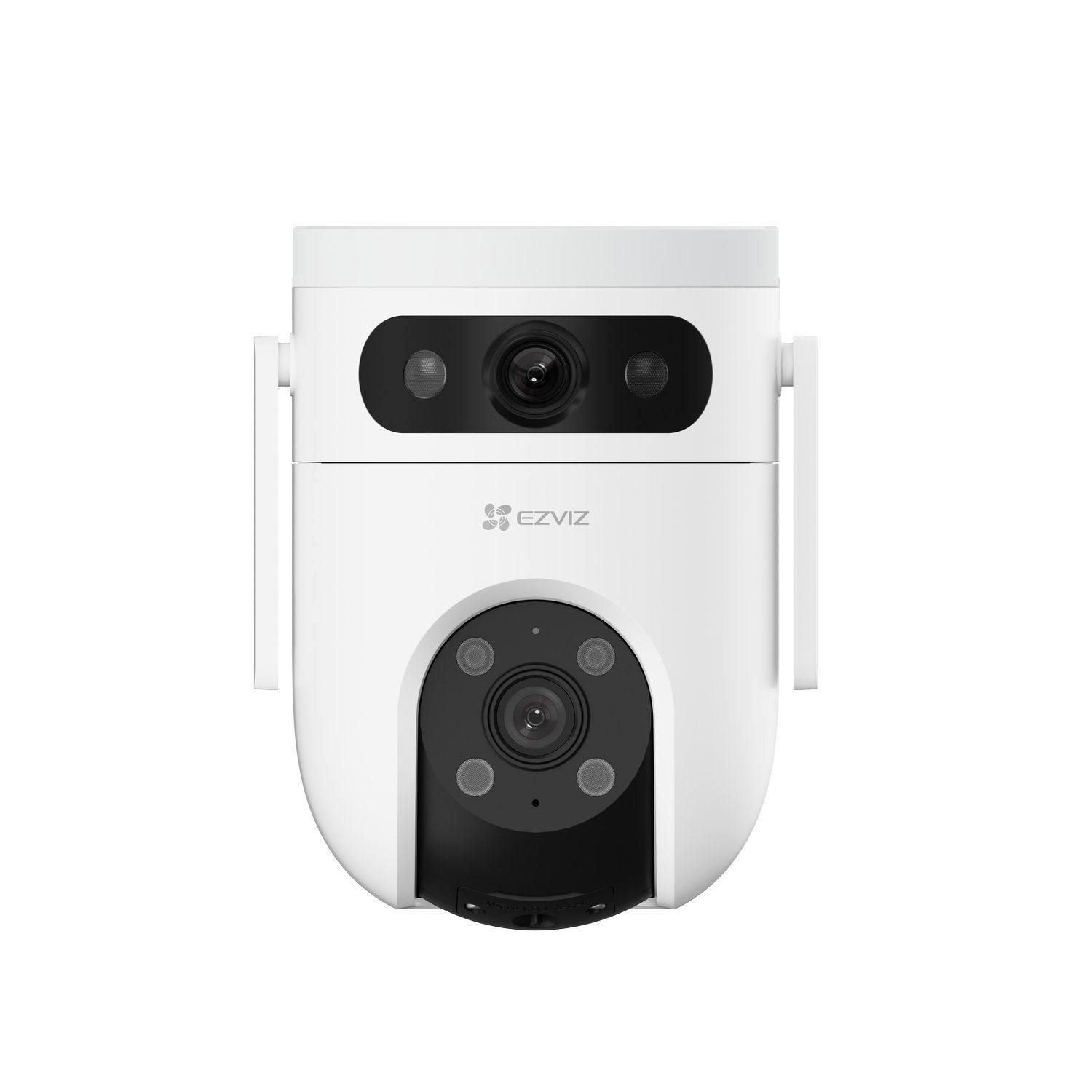 Une caméra de sécurité blanche avec deux lentilles, vue de face.