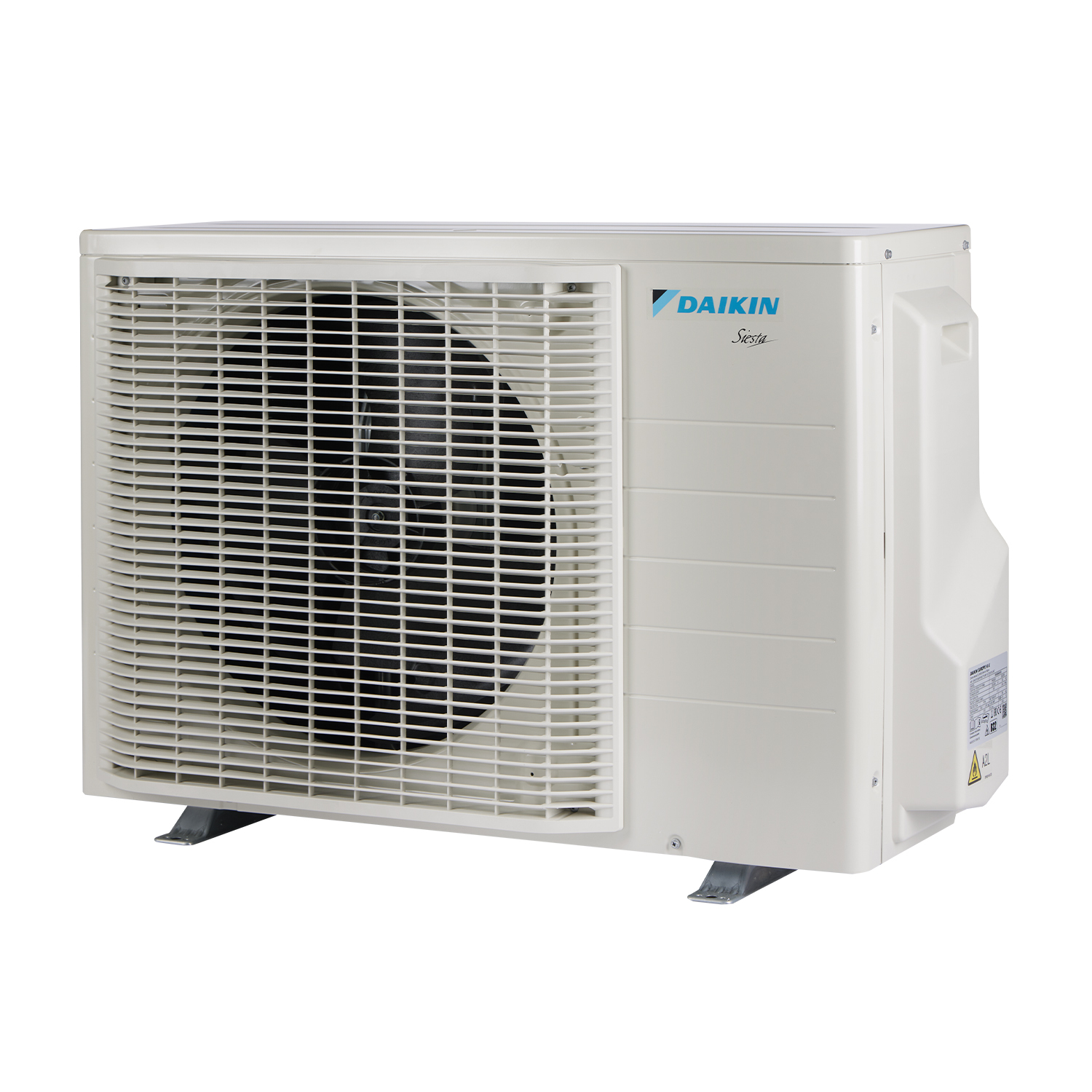 Unità condizionatore Daikin bianca e argento. Presenta una ventola e delle prese d'aria.