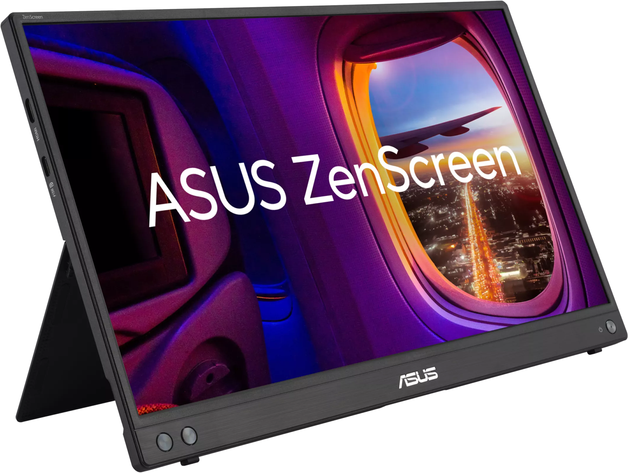 ASUS ZenScreen monitor, fekete keret, tájkép, várossal és repülőgéppel.