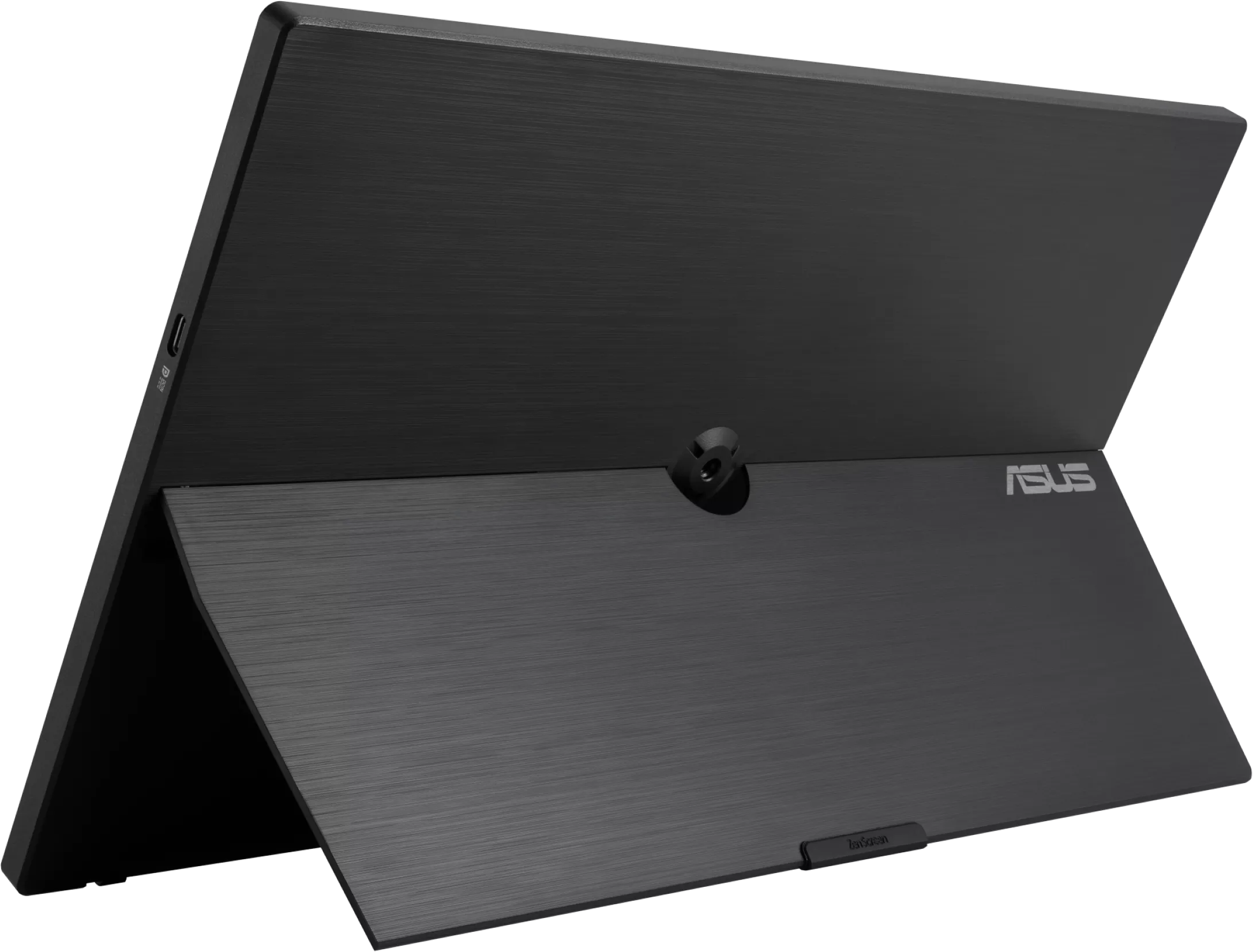 Fekete ASUS laptop hátulnézet, szögben nyitva. A hátlap matt, ASUS logóval és zsanérral a tetején.
