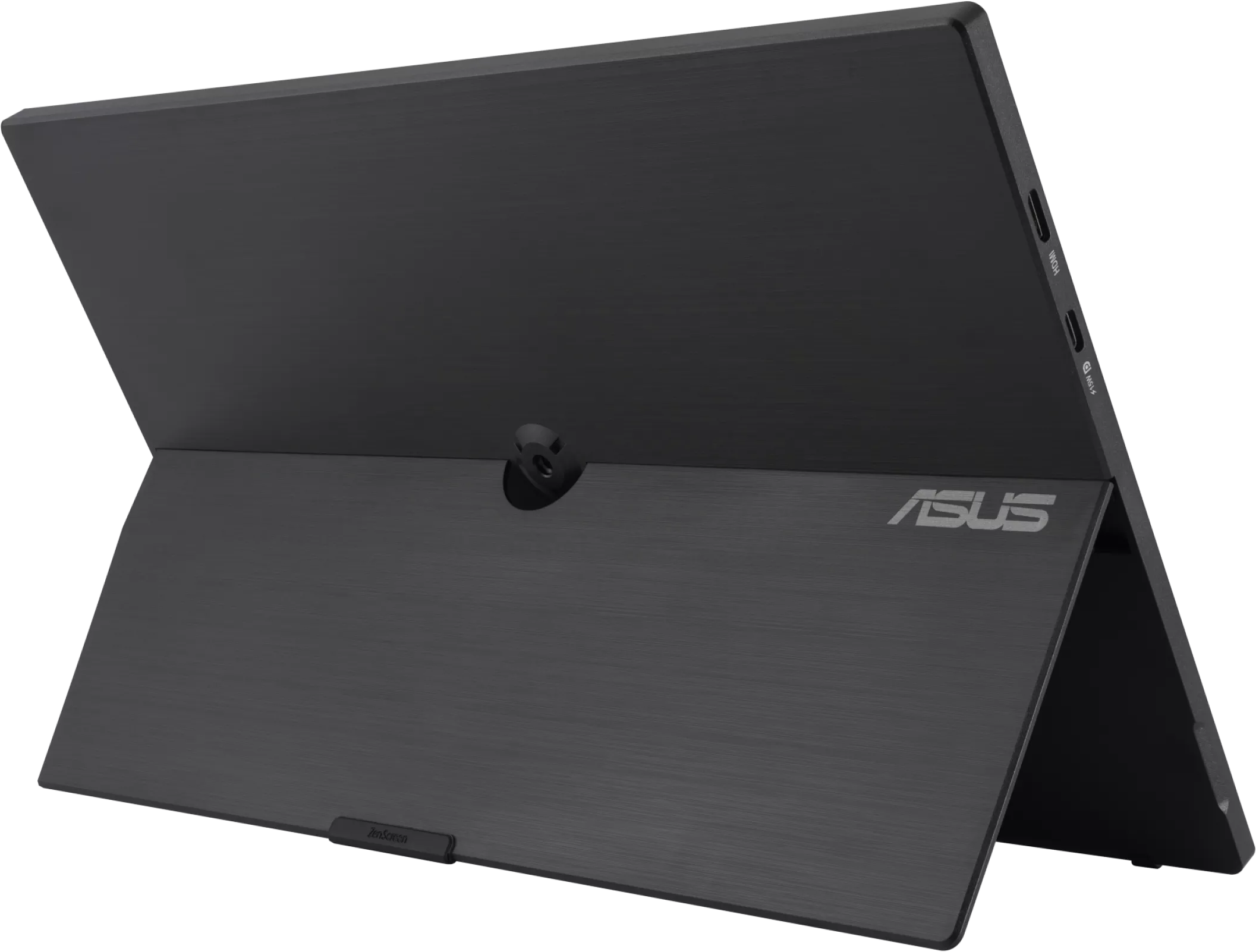 Egy ASUS tablet. Fekete, van egy állványa, és nyitva van, a képernyő hátulját mutatja.