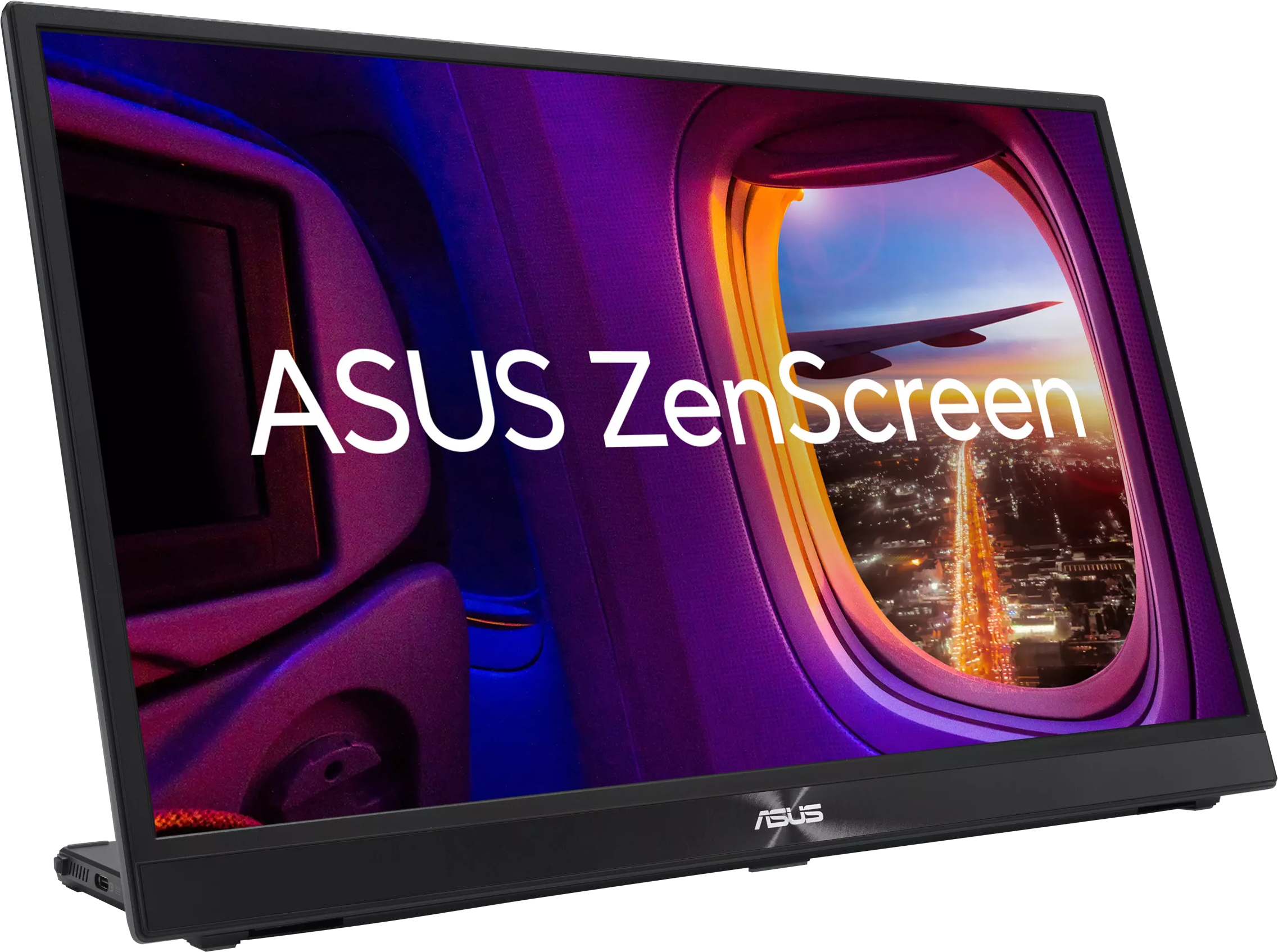 Fekete monitor, amely repülőgépablak kilátást mutat ASUS ZenScreen felirattal.