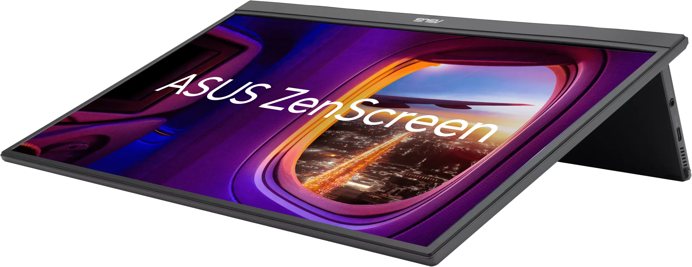 Asus ZenScreen monitor egy repülőgép ablakából látható tájképpel.