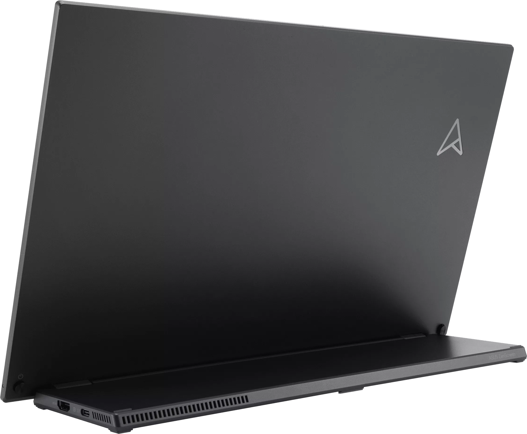 Fekete laptop hátulnézete, A logóval, fehér háttér előtt.
