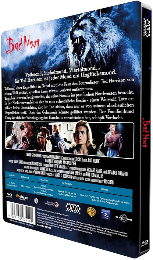 Die Rückseite einer 'Bad Moon' DVD-Hülle mit einem Werwolf-Bild und deutschem Text.