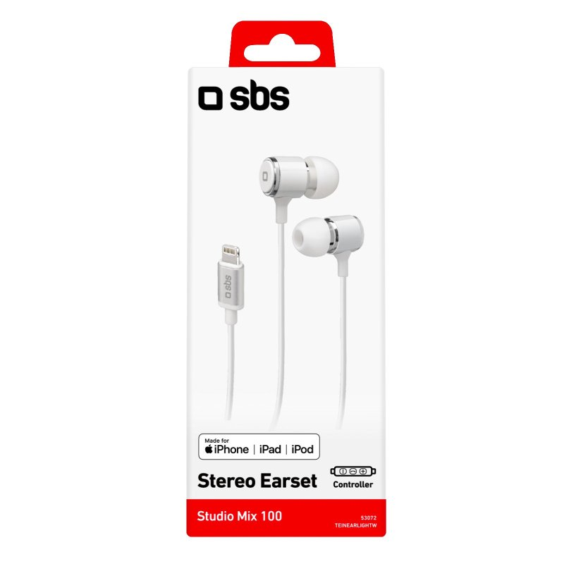 Verpackung des weißen Stereo-Ohrhörers. Enthält Ohrhörer und Kabel mit 'sbs'-Logo. Für iPhone/iPad/iPod.