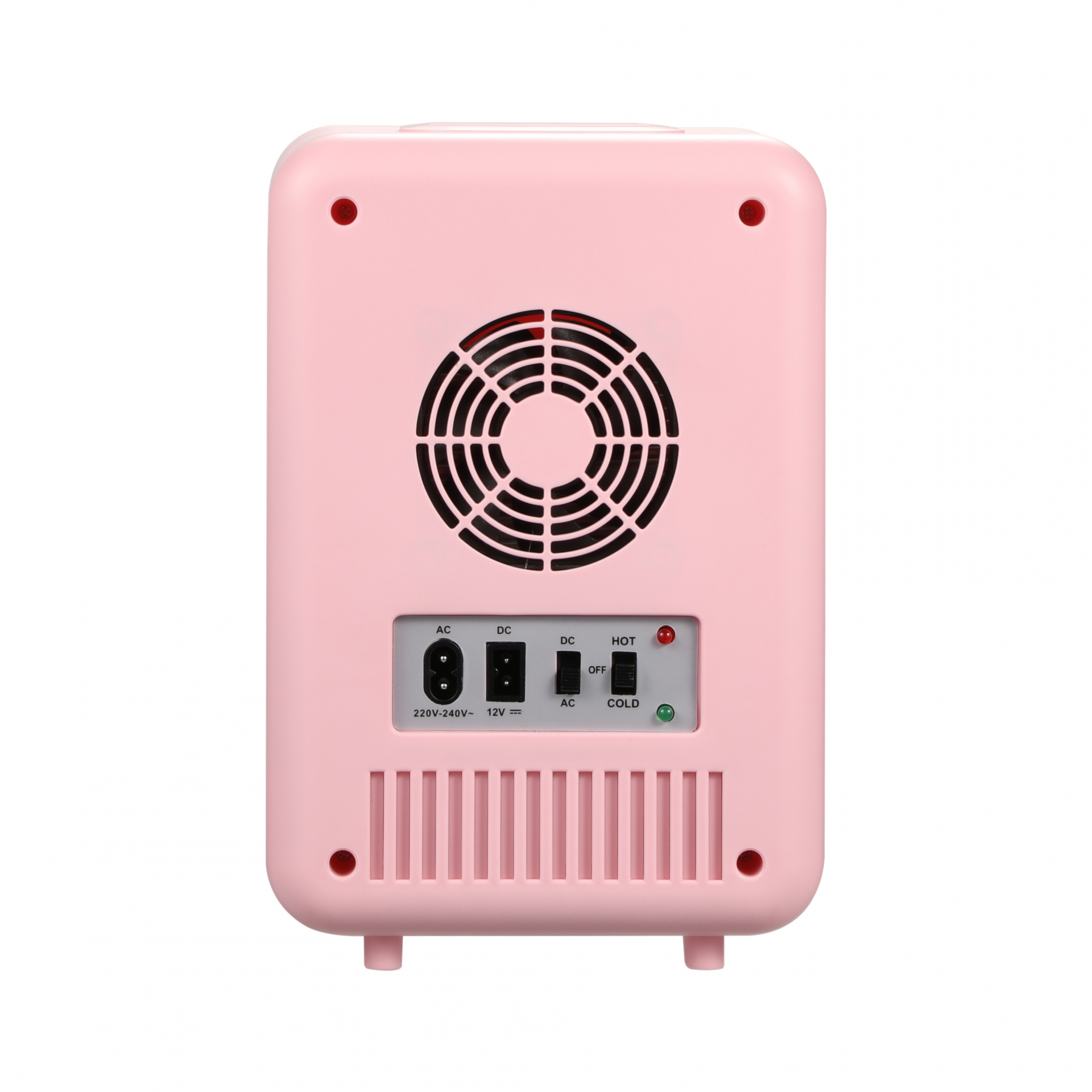 Egy rózsaszín mini hűtő hátulja ventilátorral, kapcsolókkal és árambemenettel. Fehér háttéren van.