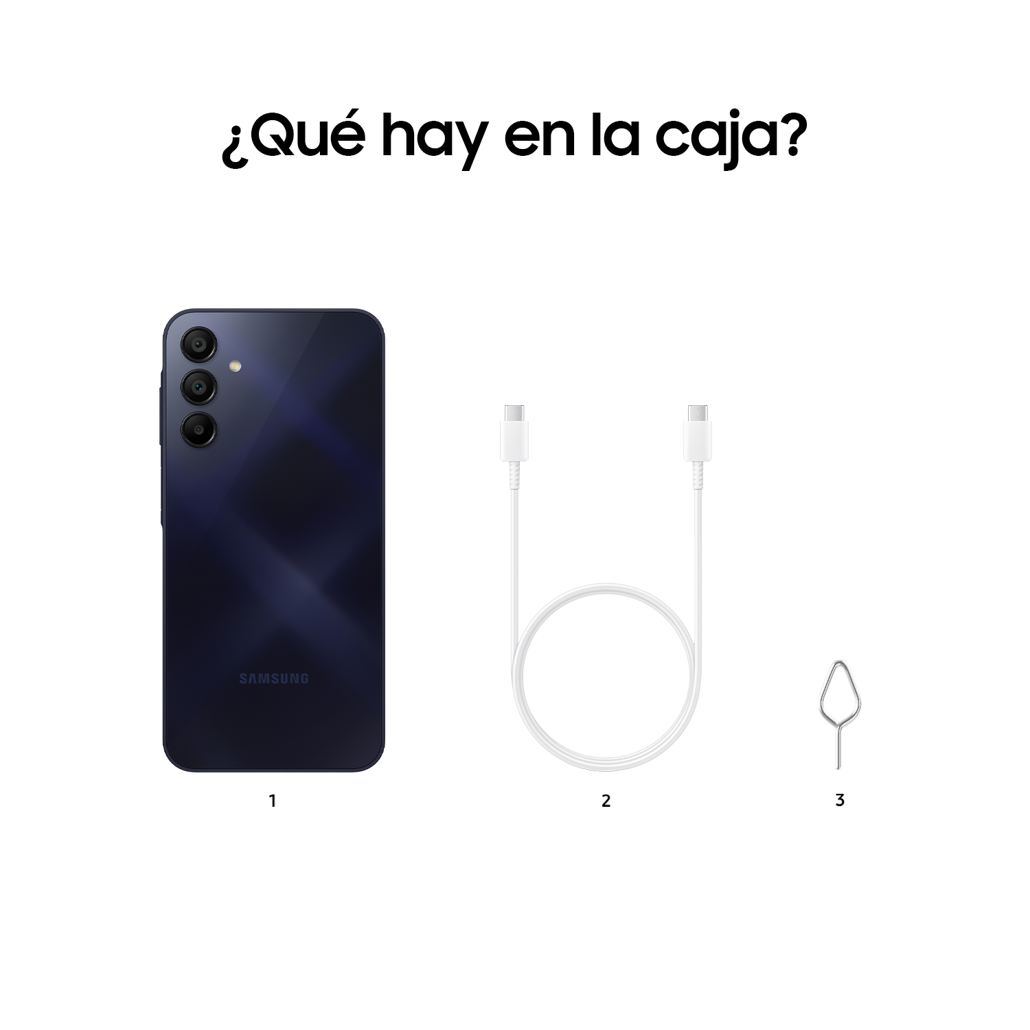 Contenido de la caja de un teléfono Samsung: teléfono, cable, herramienta SIM. Texto: ¿Qué hay en la caja?