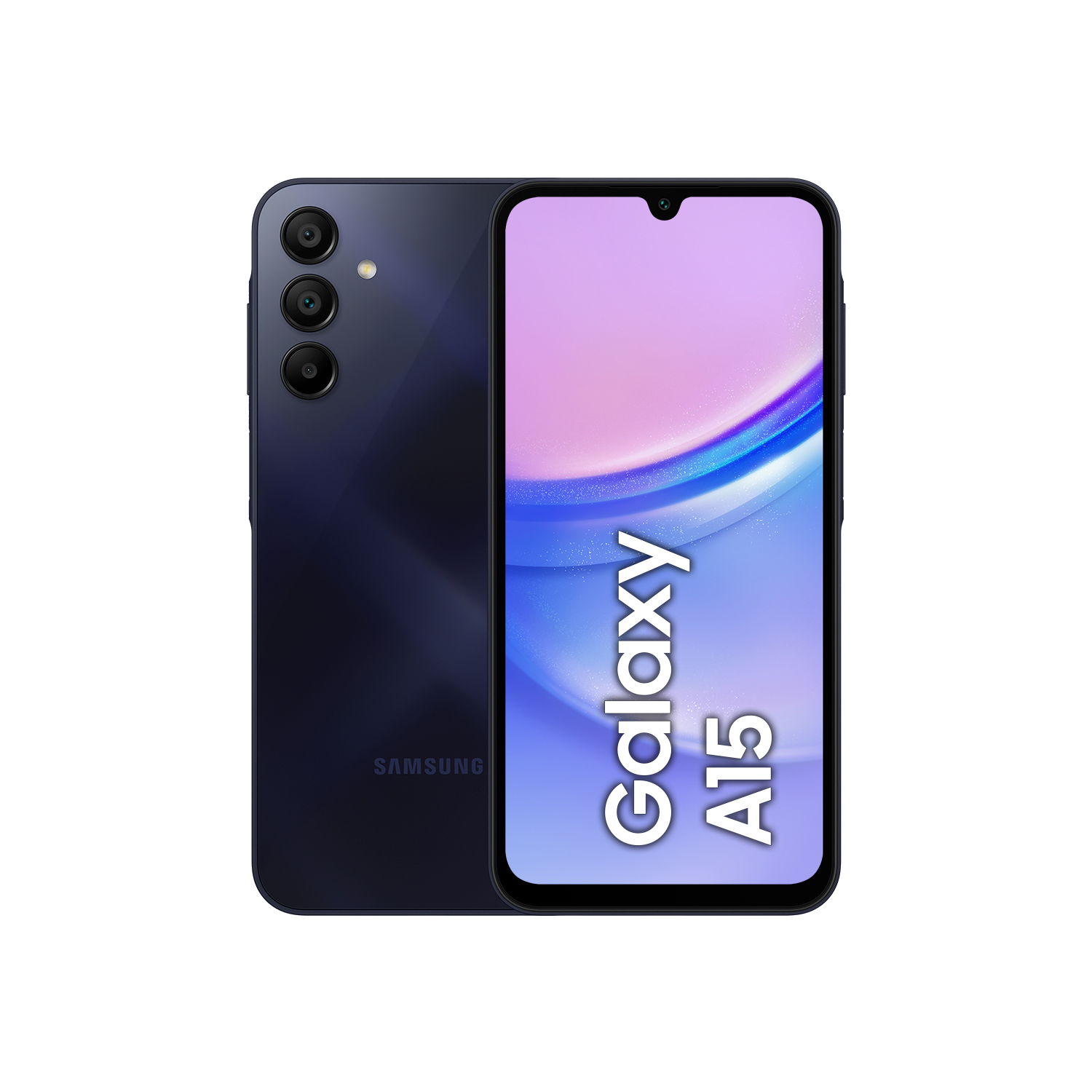 Teléfono Samsung Galaxy A15, azul, mostrando pantalla y parte trasera.