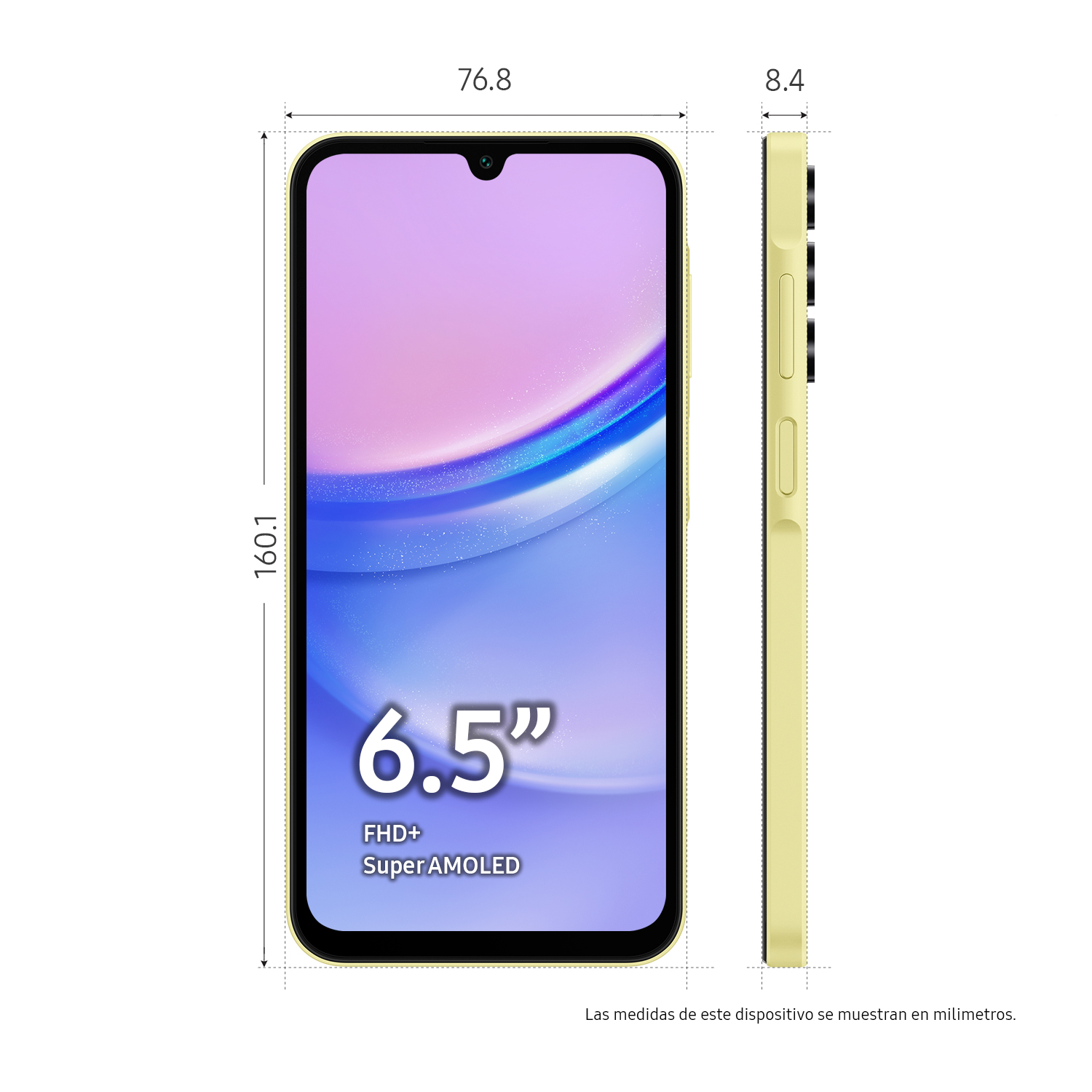 Un teléfono inteligente amarillo con dimensiones y detalles de pantalla.