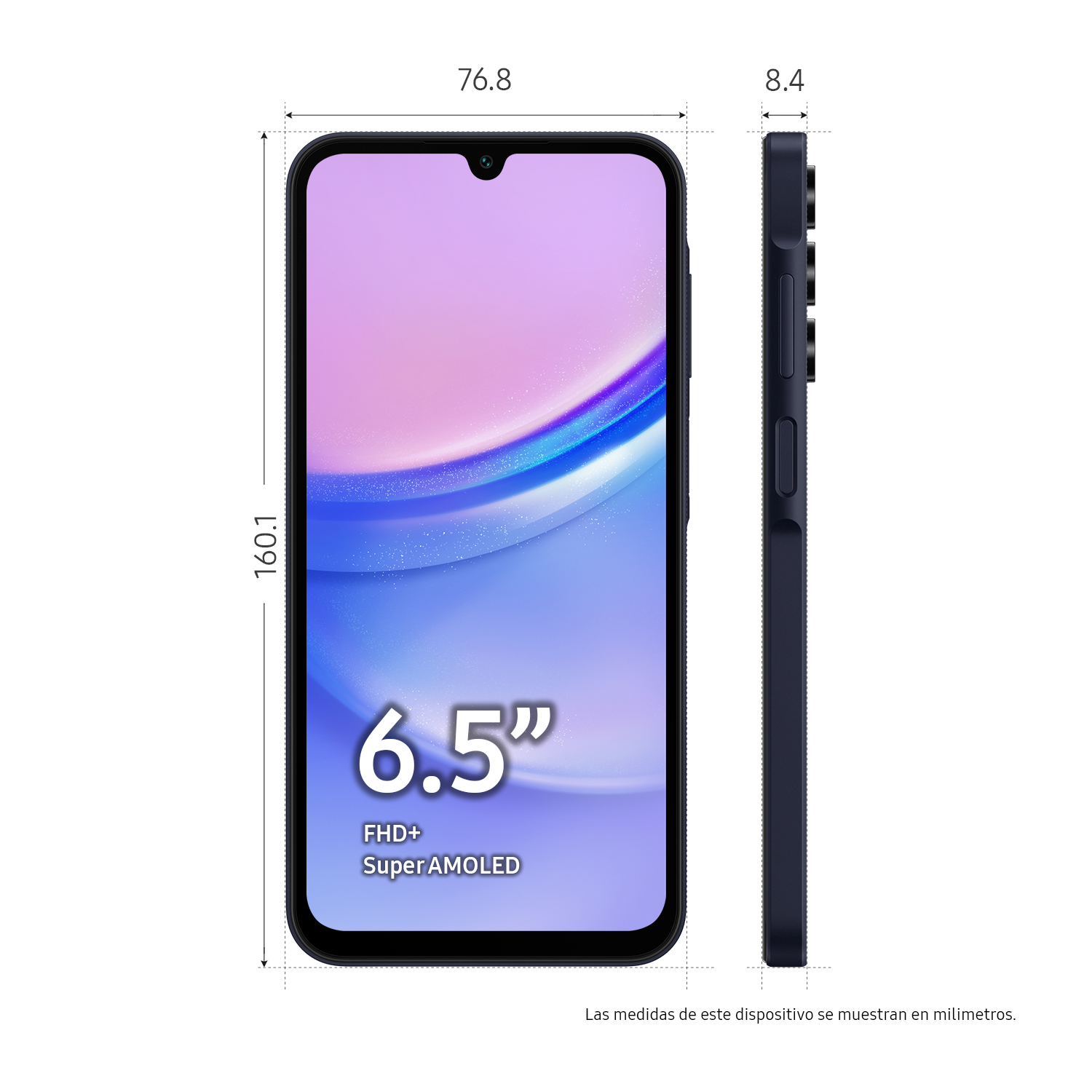 Un teléfono inteligente de perfil, mostrando dimensiones y tamaño de pantalla.