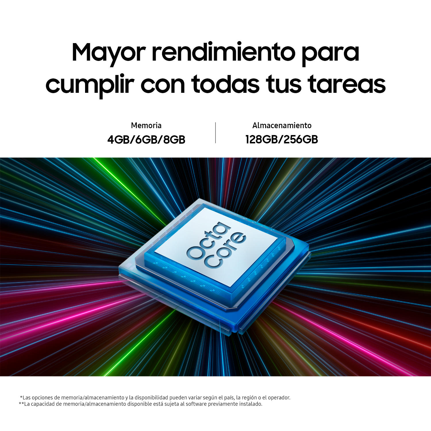 Gráfico azul y verde con texto 'Mayor rendimiento para cumplir con todas tus tareas' y especificaciones.
