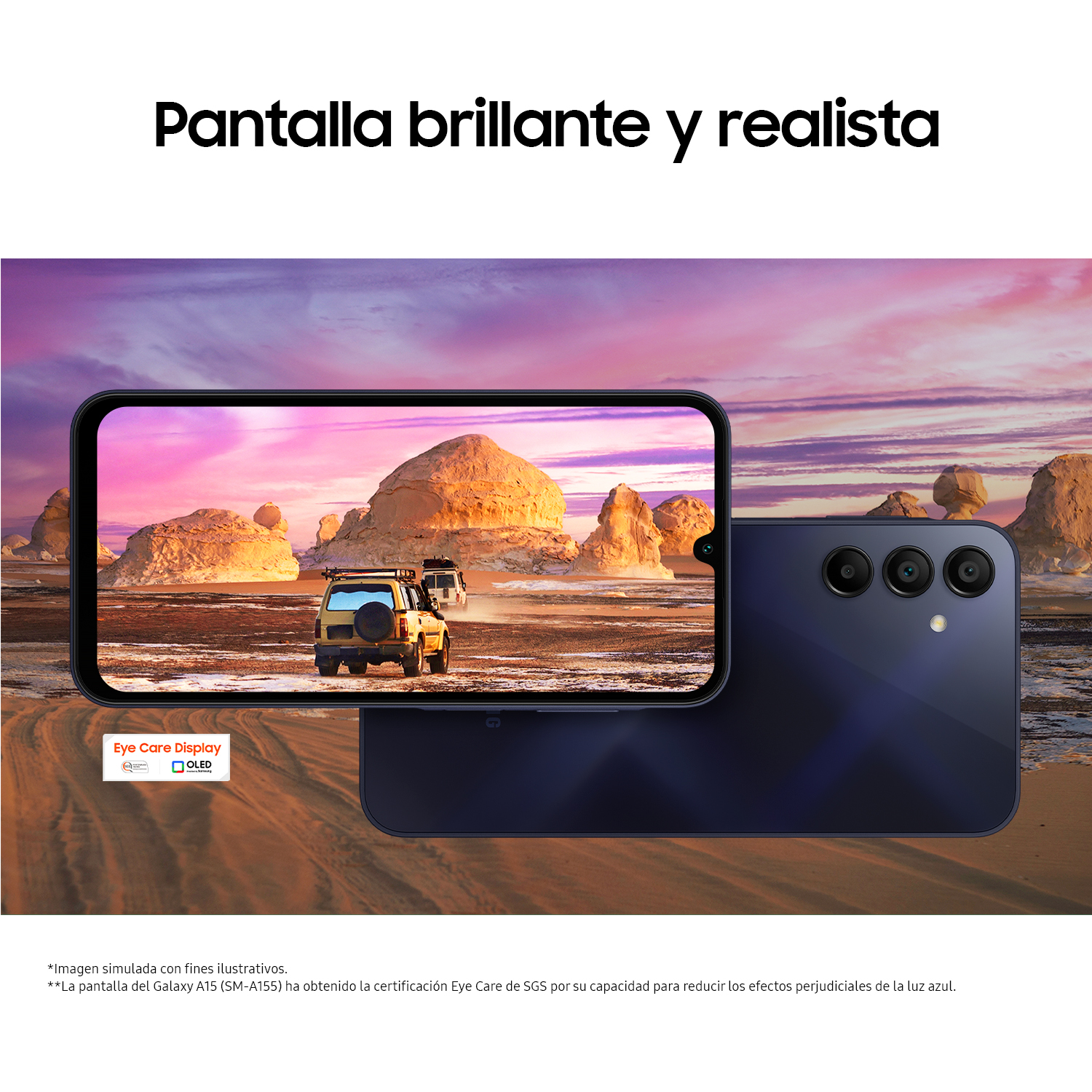 Un smartphone que muestra un paisaje desértico con un coche y texto.
