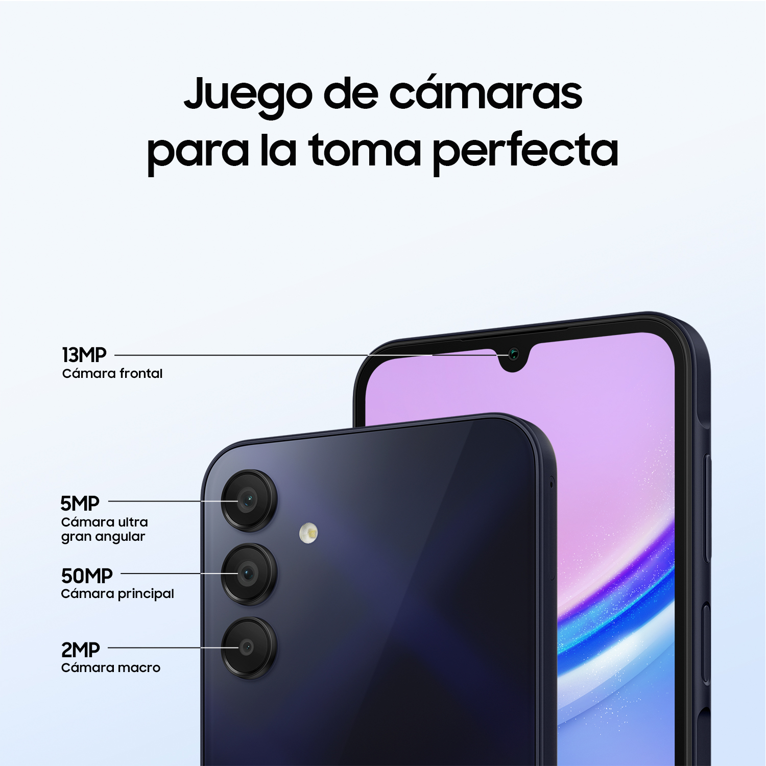 Smartphone con varias cámaras, pantalla morada y texto.