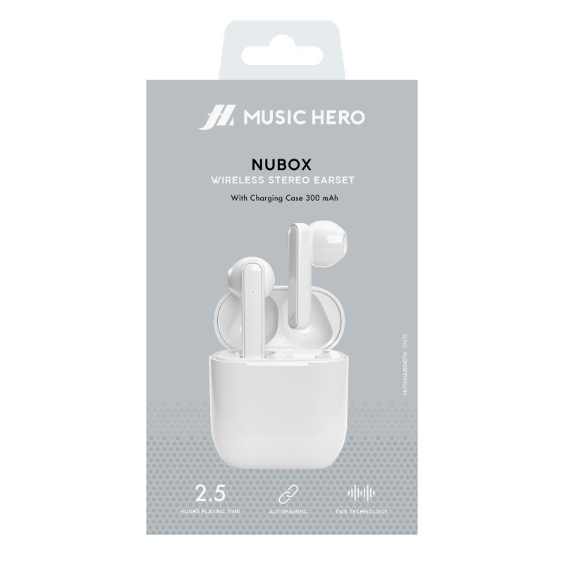 Weiße Ohrhörer in einem Ladeetui. Text: 'MUSIC HERO', 'NUBX', 'WIRELESS STEREO EARSET'.