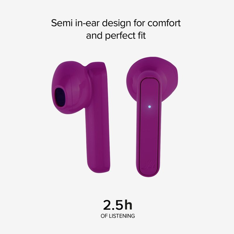 Zwei lila Ohrhörer. Der Text lautet: 'Semi-In-Ear-Design für Komfort und perfekte Passform' und '2,5 Stunden Hören'.