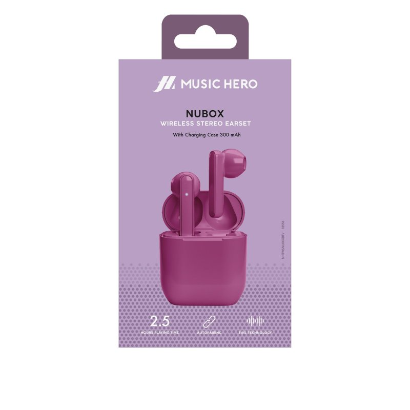 Rosa kabellose Ohrhörer in einem passenden Ladecase, mit 'MUSIC HERO' Branding auf der Box.