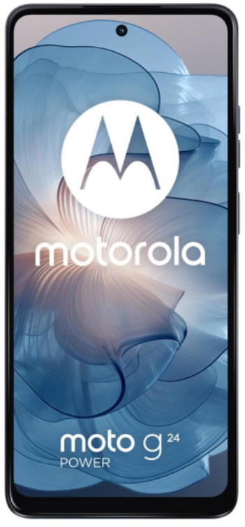 Smartfon Motorola moto g24 Power. Białe logo na telefonie. Niebieski wzór w tle.