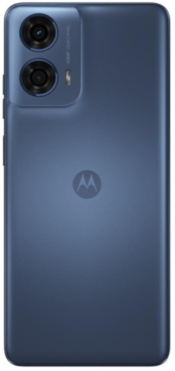 Niebieski smartfon z wieloma aparatami i lampą błyskową z tyłu.